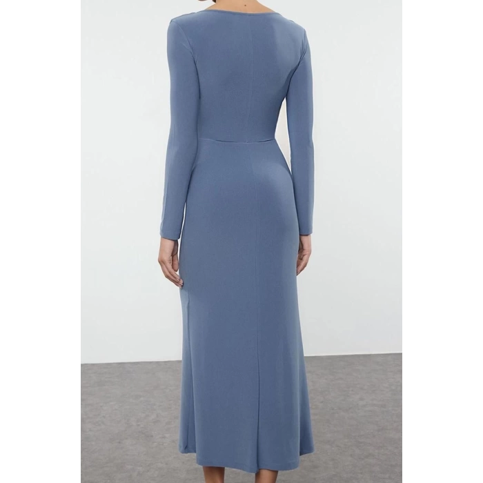 Moda Stil Slim Kare Yaka Maxi Boy Volanlı Fitted Vücuda Oturan Esnek Örme Elbise