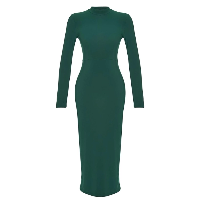Moda Stil Slim Dik Yaka Maxi Boy Fitted Vücuda Oturan Esnek Örme Elbise