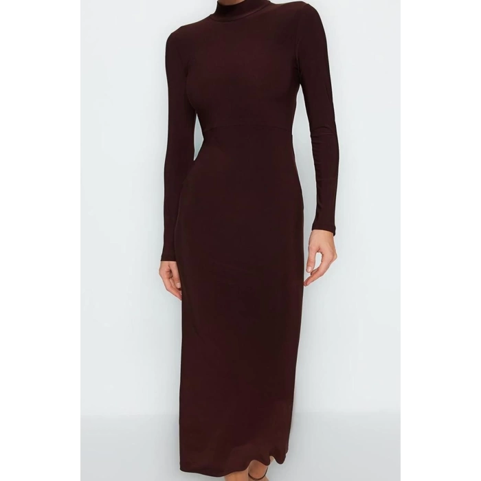 Moda Stil Slim Dik Yaka Maxi Boy Fitted Vücuda Oturan Esnek Örme Elbise