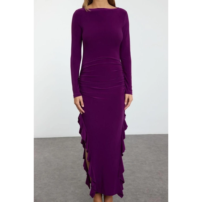 Fashion Style Regular Crew Neck Midi Length Skirt Flounce Boat Rock Flexible Knitted Dress