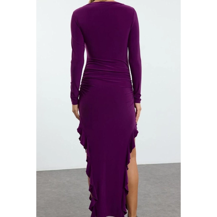 Fashion Style Regular Crew Neck Midi Length Skirt Flounce Boat Rock Flexible Knitted Dress