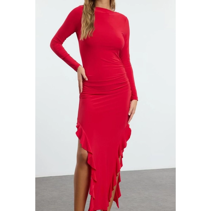 Fashion Style Regular Crew Neck Midi Length Skirt Flounce Boat Rock Flexible Knitted Dress