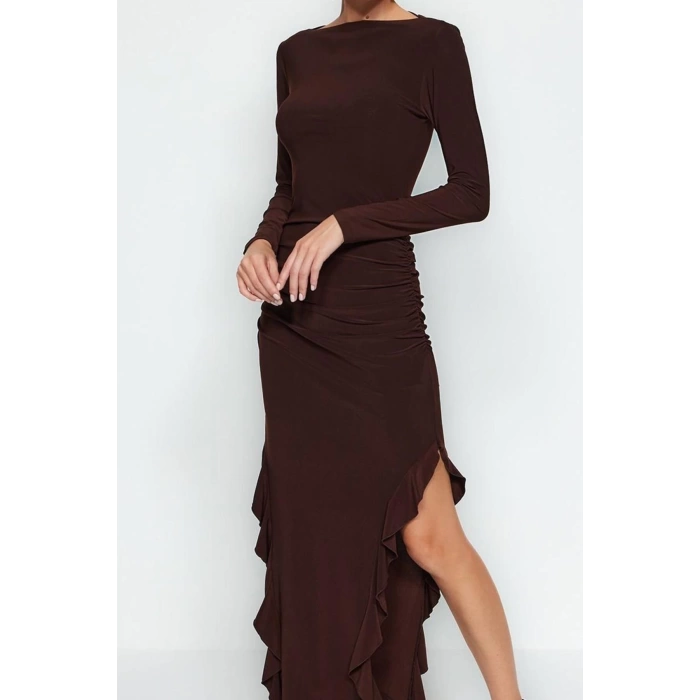 Fashion Style Regular Crew Neck Midi Length Skirt Flounce Boat Rock Flexible Knitted Dress