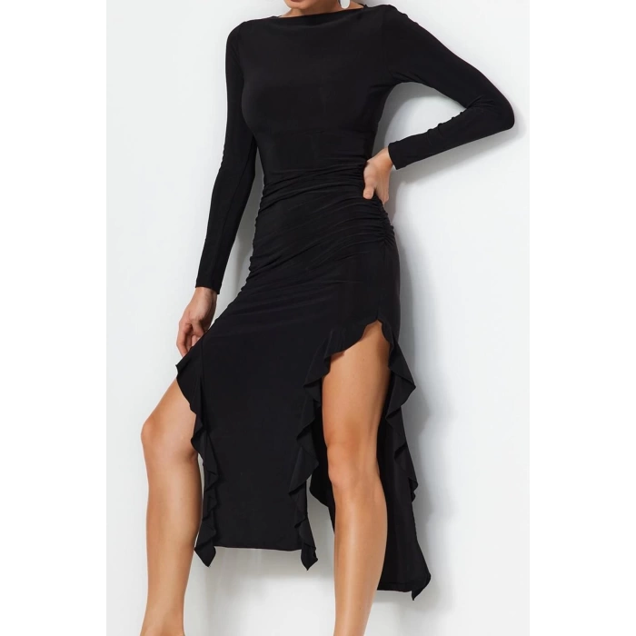 Fashion Style Regular Crew Neck Midi Length Skirt Flounce Boat Rock Flexible Knitted Dress