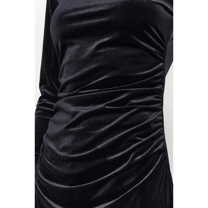 Moda Stil Slim Kayık Yaka Midi Boy Kadife Büzgülü Fitted Vücuda Oturan Esnek Örme Elbise
