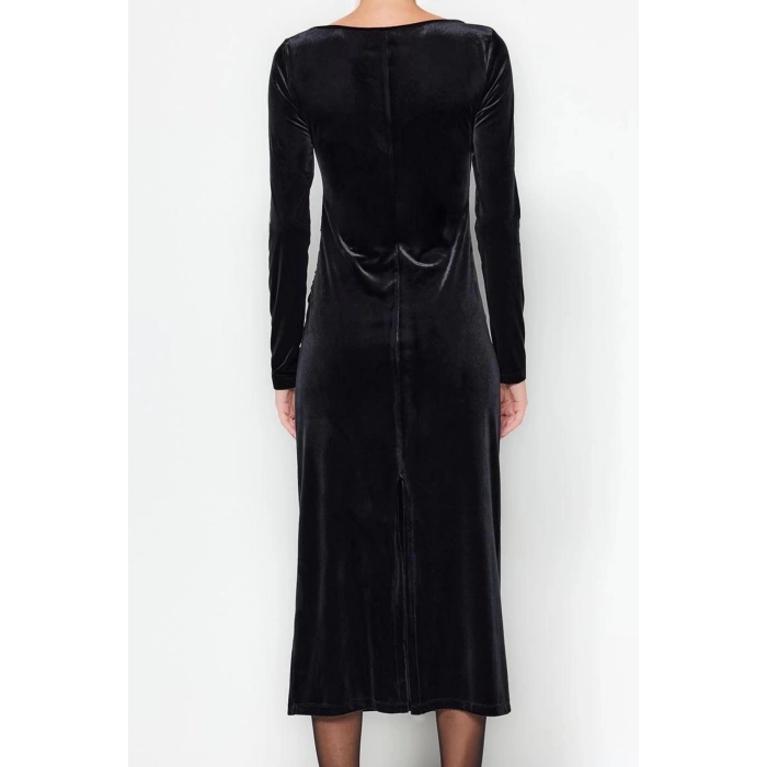 Moda Stil Slim Kayık Yaka Midi Boy Kadife Büzgülü Fitted Vücuda Oturan Esnek Örme Elbise