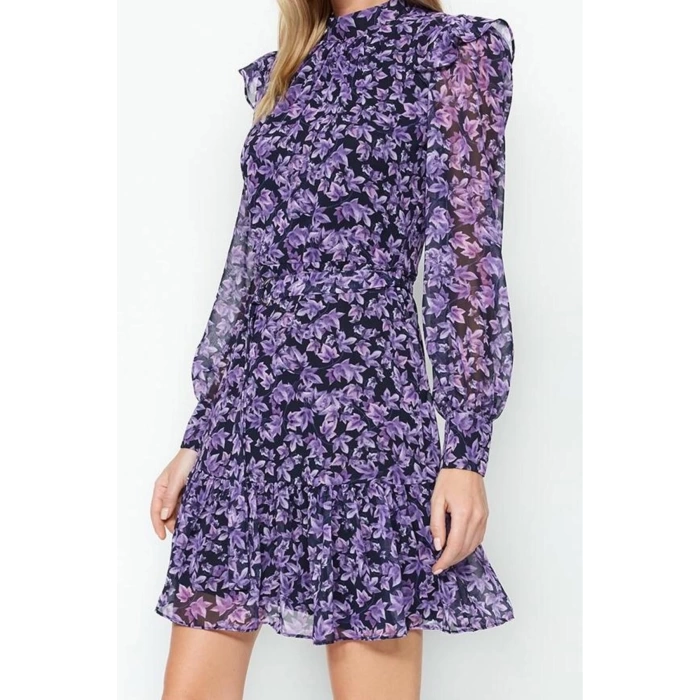 Fashion Style Regular Stand Collar Mini Length Geometric Woven Winter Dress