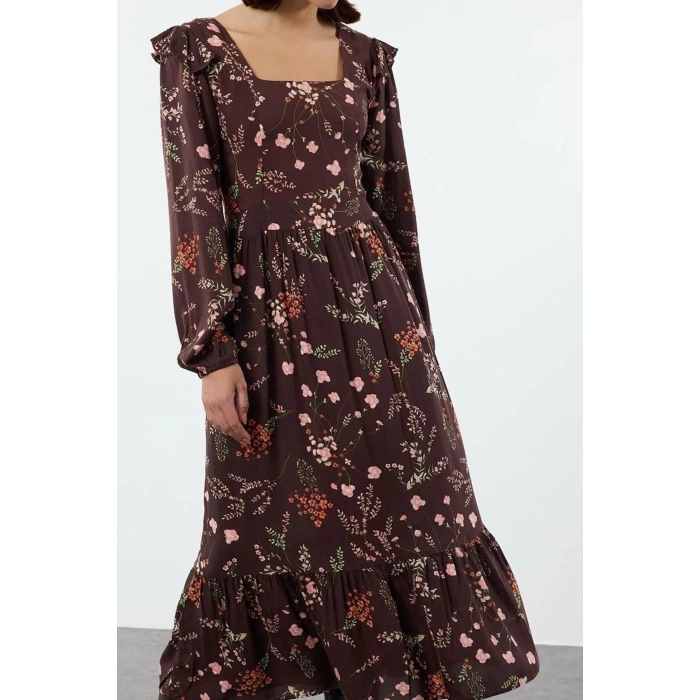 Moda Stil Regular Kare Yaka Midi Boy Çiçekli A Kesim Fırfırlı %100 Viskon Dokuma Elbise