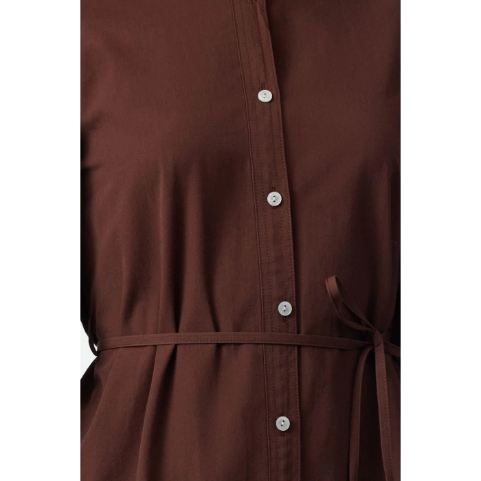 Moda Stil Regular Hakim Yaka Mini Boy Gül Kurusu Kuşaklı Düz Kuşaklı Uzun Kollu Dokuma Elbise