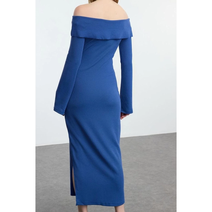 Moda Stil Slim Carmen Yaka Midi Boy Fitted Vücuda Oturan Yumuşak Dokulu Esnek Örme Kalem Elbise