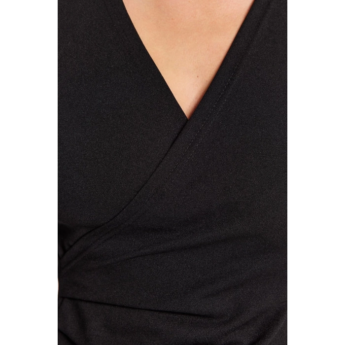 Moda Stil Slim Kruvaze Midi Boy Yaka Uzun Kollu Büzgü Detaylı Vücuda Oturan Örme Elbise