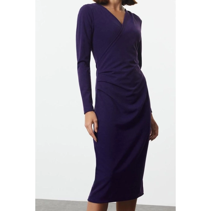 Moda Stil Slim Kruvaze Midi Boy Yaka Uzun Kollu Büzgü Detaylı Vücuda Oturan Örme Elbise