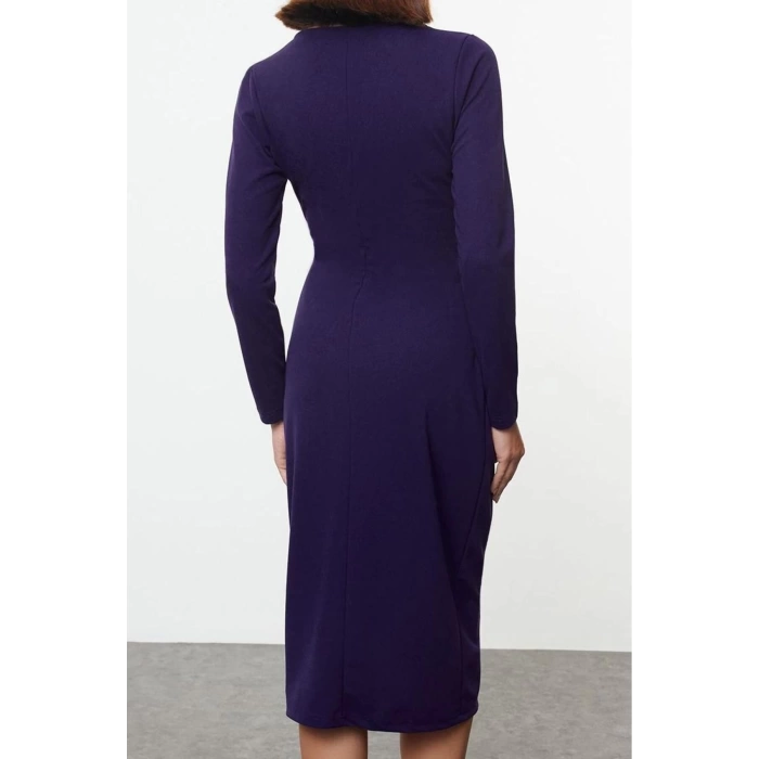 Moda Stil Slim Kruvaze Midi Boy Yaka Uzun Kollu Büzgü Detaylı Vücuda Oturan Örme Elbise