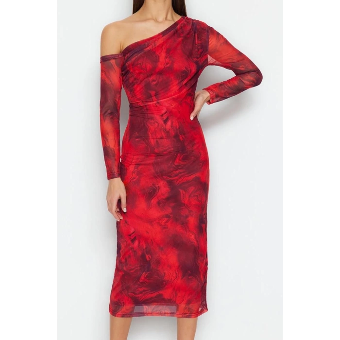 Moda Stil Slim Asimetrik Yaka Midi Boy Soyut Astarlı Örme Elbise