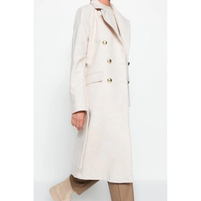 Design Plain Lined Collar Long Fitted Jacket Womens Fitted Belted Gold Buttoned Long Wool Cashmere Coat