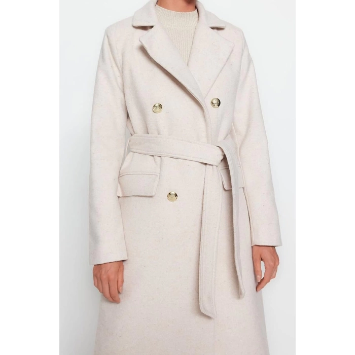 Design Plain Lined Collar Long Fitted Jacket Womens Fitted Belted Gold Buttoned Long Wool Cashmere Coat