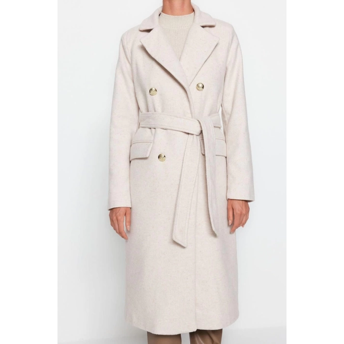 Design Plain Lined Collar Long Fitted Jacket Womens Fitted Belted Gold Buttoned Long Wool Cashmere Coat