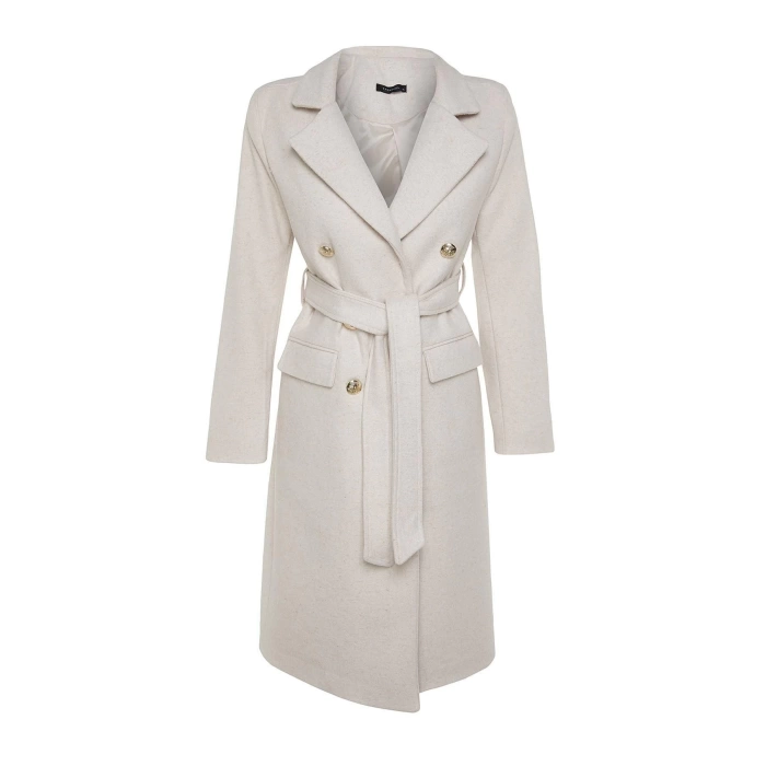 Design Plain Lined Collar Long Fitted Jacket Womens Fitted Belted Gold Buttoned Long Wool Cashmere Coat