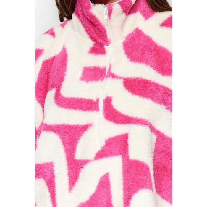 Fermuarlı Yaka Standart Kol Kalın Polar Desenli Fermuarlı Uzun Kol Örme Sweatshirt