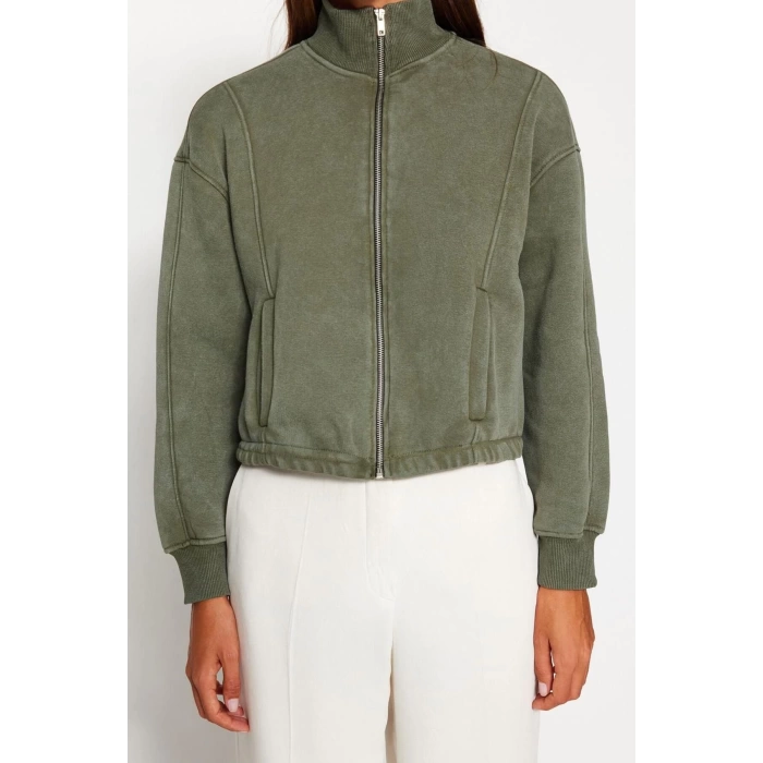 Zippered Collar Low Sleeves Old Thick Polar Fleece Inside Pattern Zippered Knitted Sweatshirt