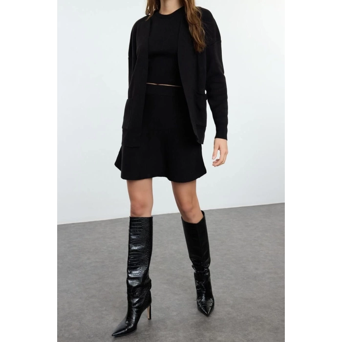 Style Women Modern Fashion Normal Waist Straight Leg Jacket Collar Skirt-Blouse-Cardigan Three Piece Knitwear Bottom-Top Set