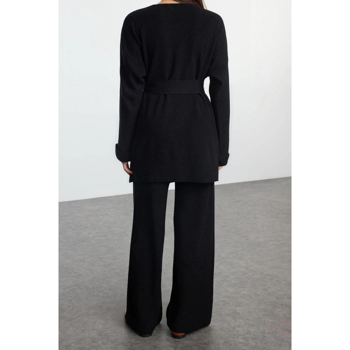 Style Women Modern Fashion Normal Waist Straight Leg V Neck Midi Length Knitwear Top-Bottom Set