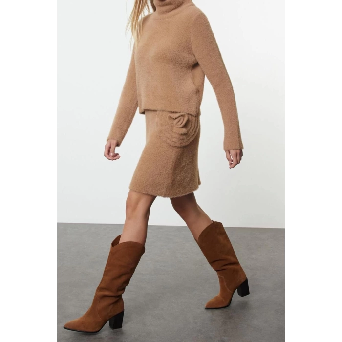Style Women Modern Fashion Normal Waist Straight Leg Stand Collar Furry Soft Textured Knitwear Top-Bottom Set