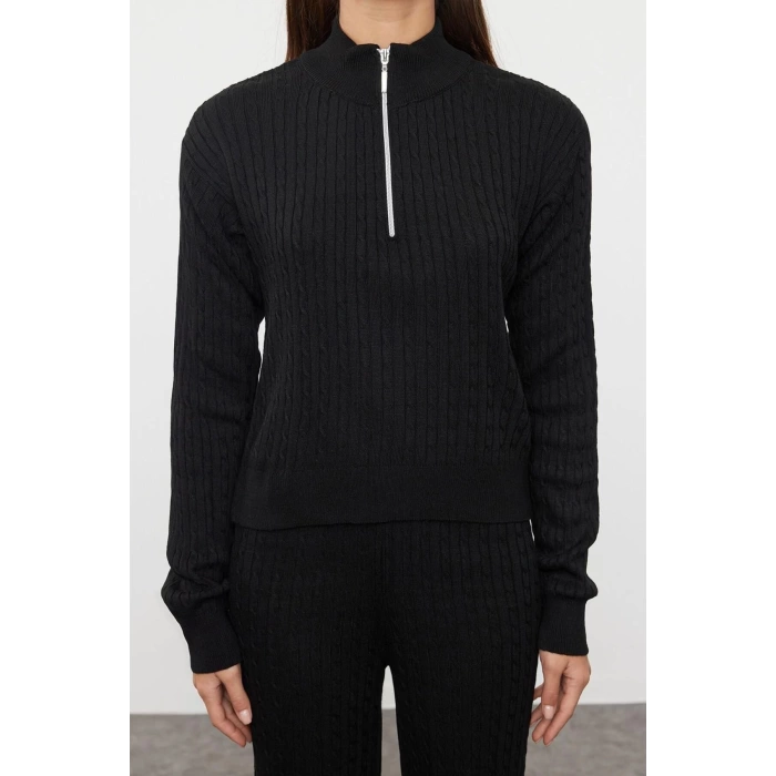 Style Women Modern Fashion Normal Waist Straight Leg Stand Collar Zippered Knitwear Top-Bottom Set