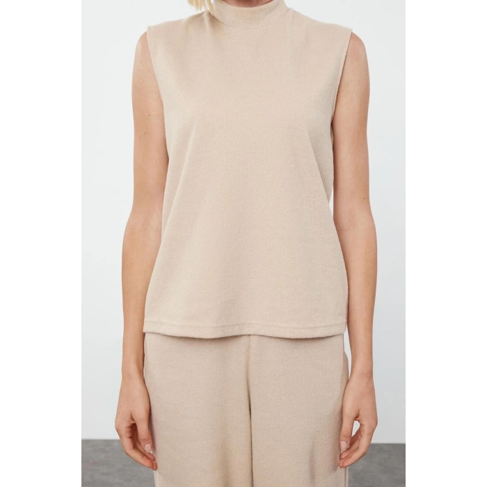 Style Women Modern Fashion Normal Waist Straight Leg Stand Collar Selanik Sleeveless Flexible Knitted Bottom-Top Set