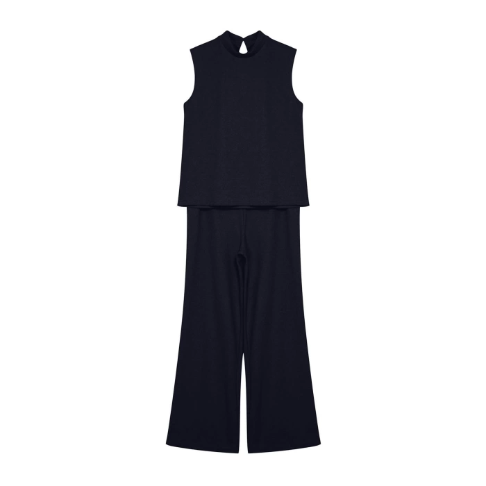 Style Women Modern Fashion Normal Waist Straight Leg Stand Collar Selanik Sleeveless Flexible Knitted Bottom-Top Set