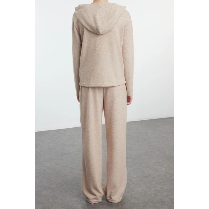Style Womens Normal Waist Straight Leg Hooded Soft Elastic Knitted Blouse and Trousers Top-Bottom Set