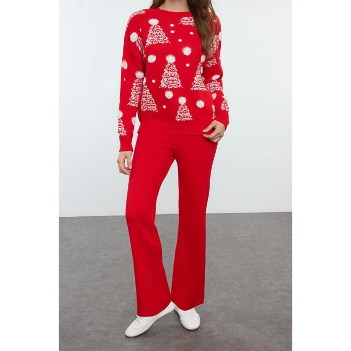 Style Women Modern Fashion Normal Waist Straight Leg Crew Neck Christmas Themed Knitwear Top-Bottom Set