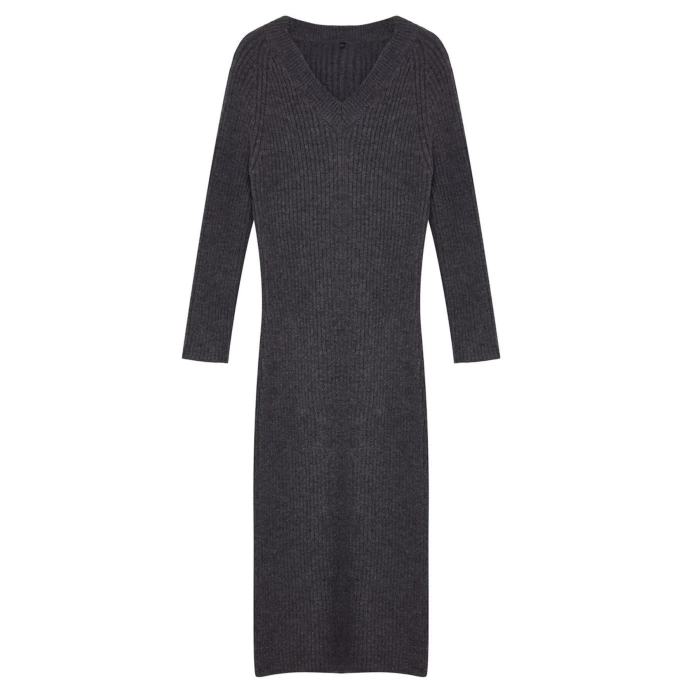 Moda Stil Regular V Yaka Maxi Boy Triko Yünlü Basic Elbise