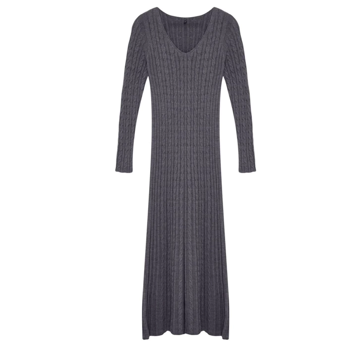 Fashion Style Regular V Neck Maxi Length Knitwear Hair Knit Basic Dress