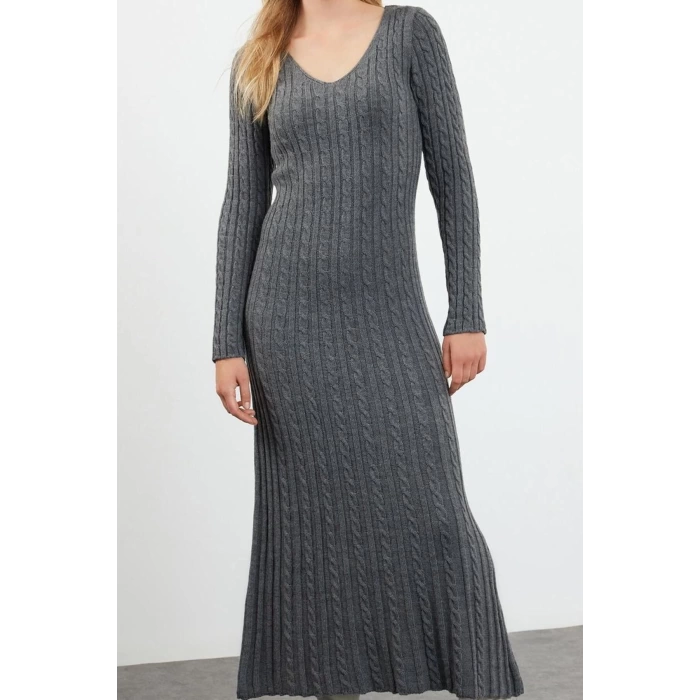 Fashion Style Regular V Neck Maxi Length Knitwear Hair Knit Basic Dress