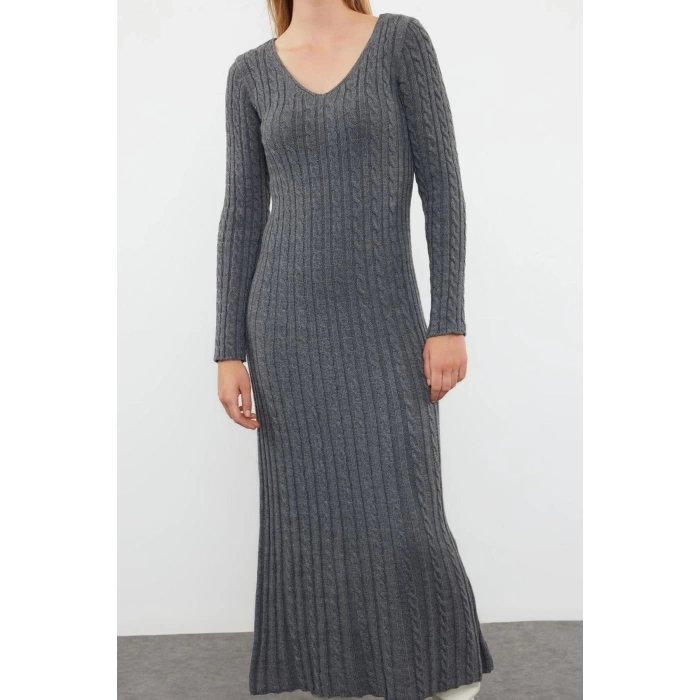 Fashion Style Regular V Neck Maxi Length Knitwear Hair Knit Basic Dress