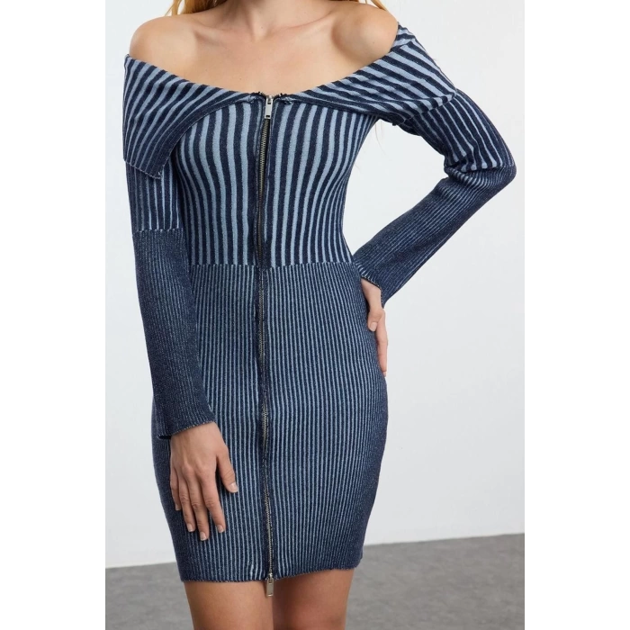 Moda Stil Slim Devrik Yaka Mini Boy Triko Premium İplik Özel İplik Yıkama Efektli Elbise