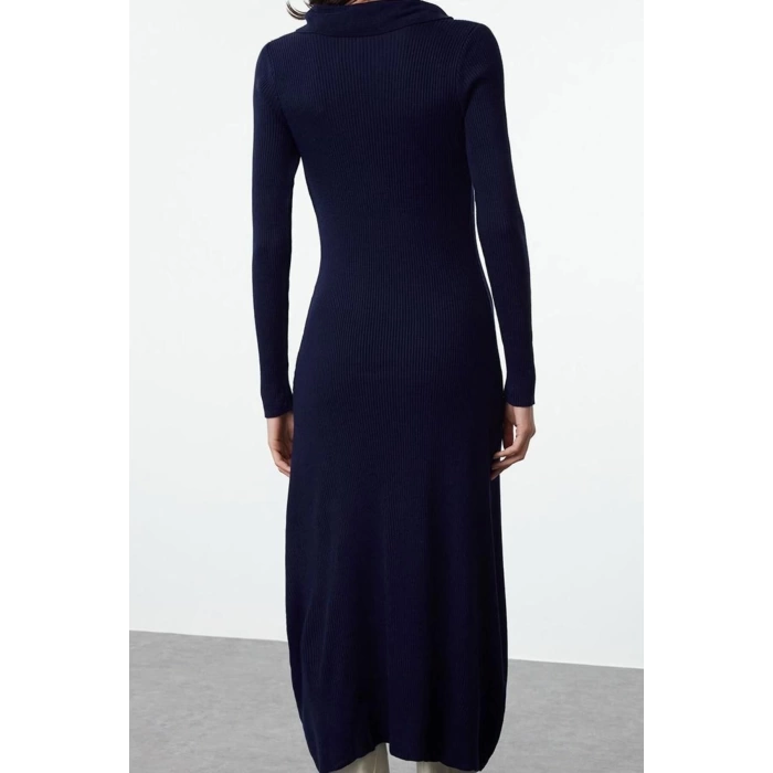 Moda Style Regular Polo Collar Midi Length Knitwear Striped Piping Detail Dress