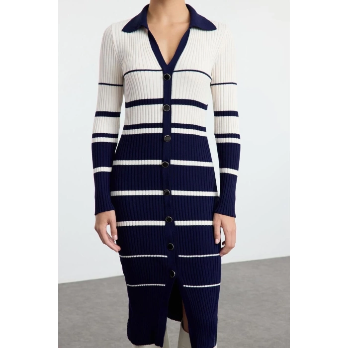 Moda Stil Slim Polo Yaka Midi Boy Triko Renk Bloklu Çizgili Elbise