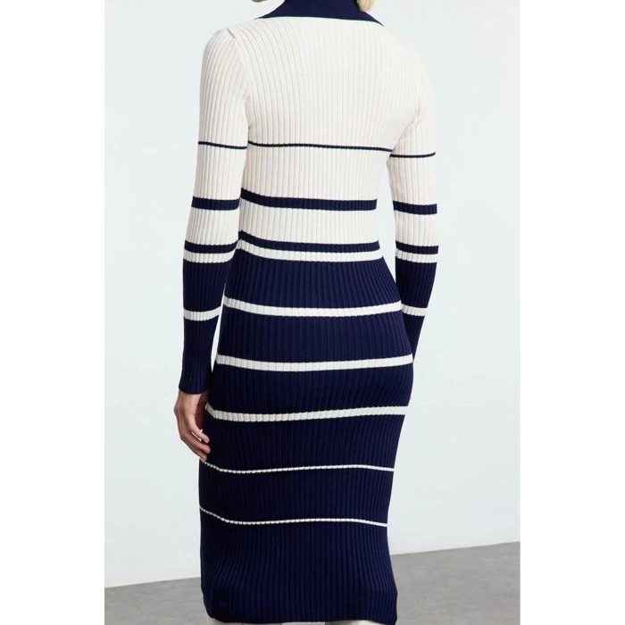 Moda Stil Slim Polo Yaka Midi Boy Triko Renk Bloklu Çizgili Elbise