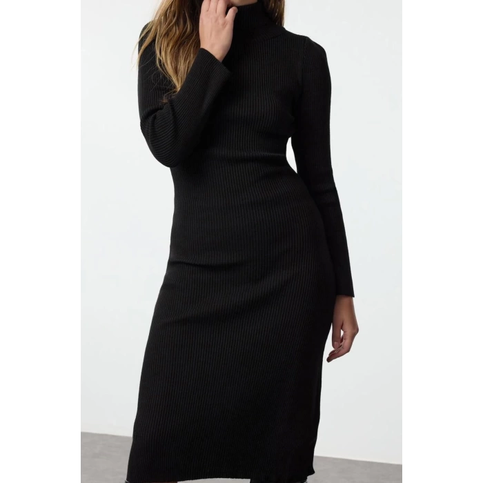Moda Stil Regular Balıkçı Yaka Midi Boy Triko Basic Elbise