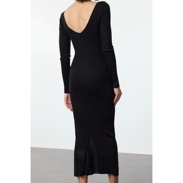 Moda Stil Regular Bisiklet Yaka Maxi Boy Triko Sırt Dekolteli Elbise