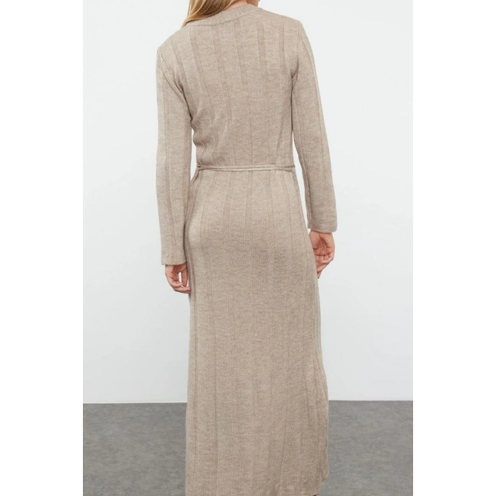 Fashion Style Regular Crew Neck Maxi Length Knitwear Soft Textured Tie Detail Dress