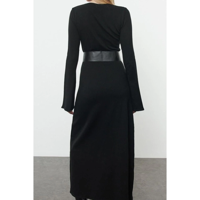 Fashion Style Regular Crew Neck Maxi Length Knitted Belted Dress
