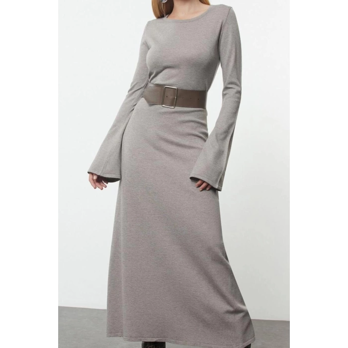 Fashion Style Regular Crew Neck Maxi Length Knitted Belted Dress
