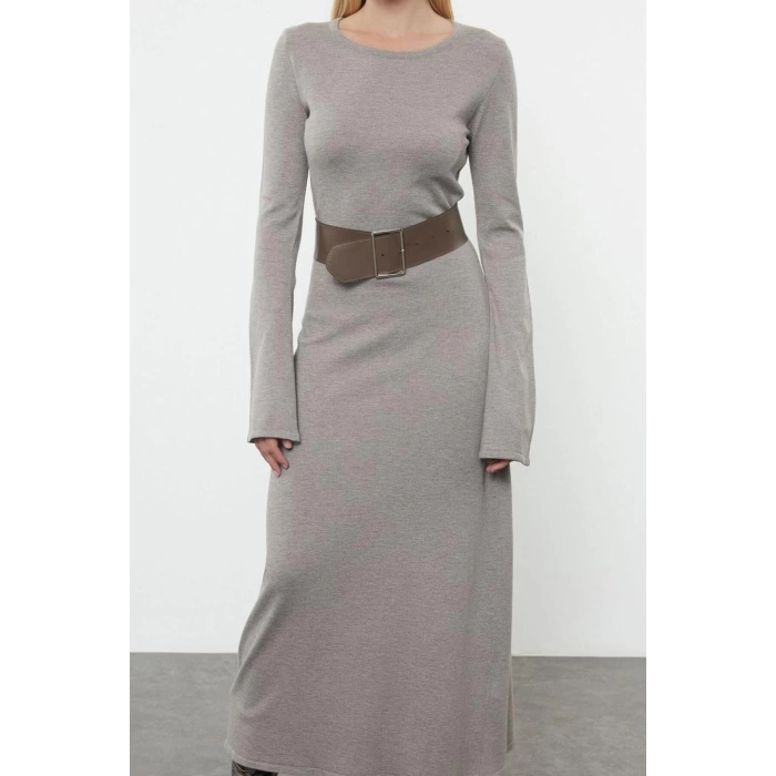 Fashion Style Regular Crew Neck Maxi Length Knitted Belted Dress
