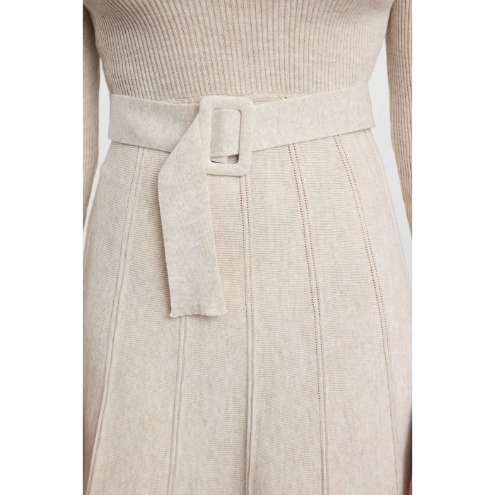 Fashion Style Regular V Neck Midi Length Knitwear Belted Flounce Dress