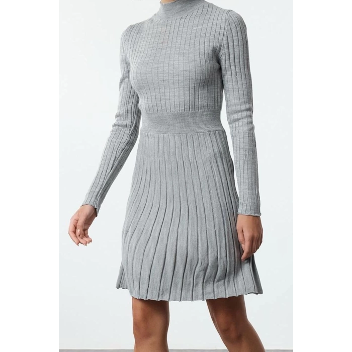 Fashion Style Regular Stand Collar Mini Length Knitwear Ruffle Dress