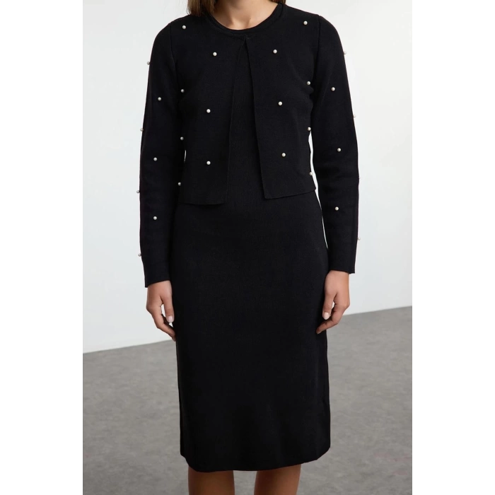 Fashion Style Slim Crew Neck Midi Length Knitwear Stone Embroidered Cardigan-Dress Set