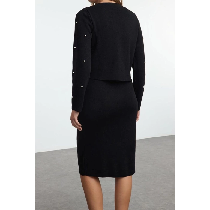 Fashion Style Slim Crew Neck Midi Length Knitwear Stone Embroidered Cardigan-Dress Set